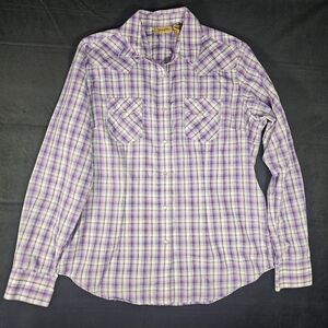 Wrangler Lavender Plaid Shirt Pearl Snap Medium Button Up Long Sleeve Western